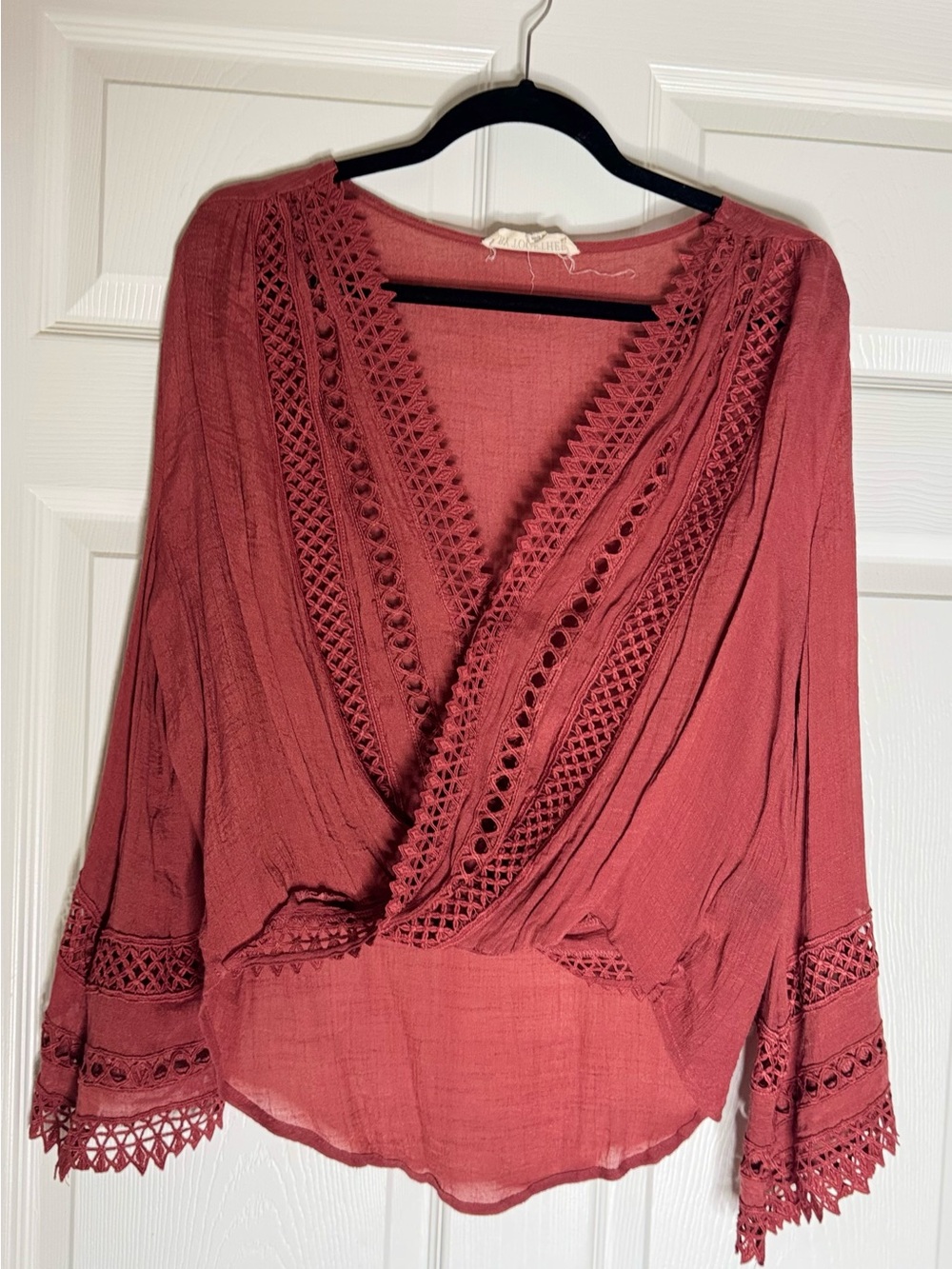 By Together Rose Mauve Crochet Trim V-Neck Blouse - Picture 1 of 6